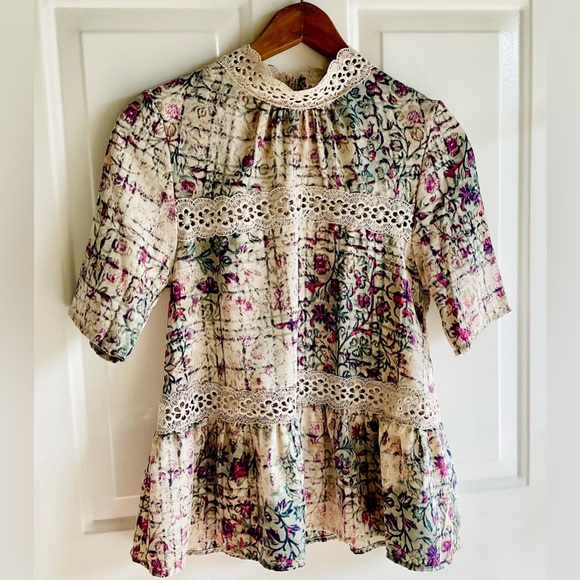 Anthro ❉ En Elly Era Lace Mock Neck Floral Blouse Top XS - Picture 4 of 12